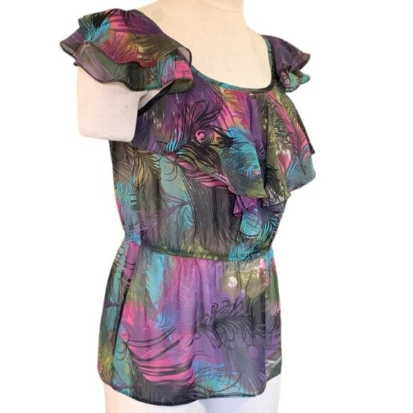 Bisou Bisou Sleeveless Sheer Ruffle Top Peacock Print Sz XS #138J - Picture 2 of 7